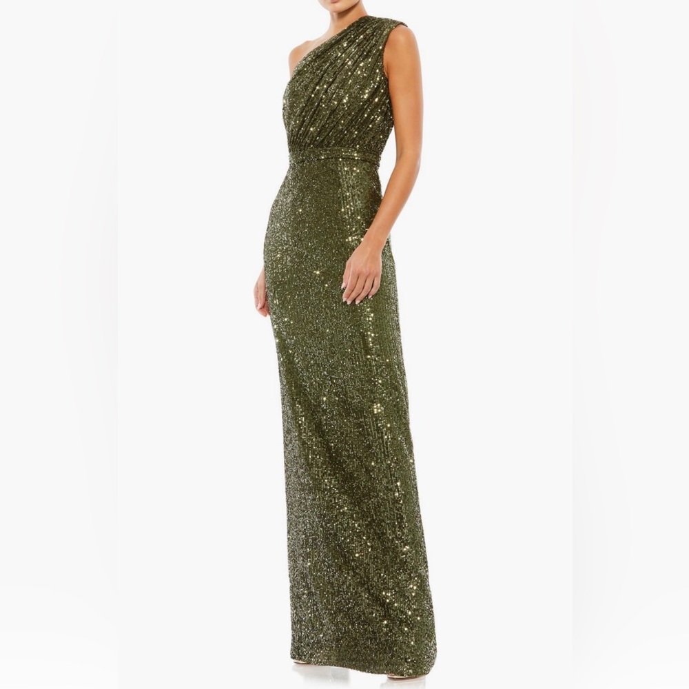 Mac Duggal sequin one-shoulder column gown in Olive